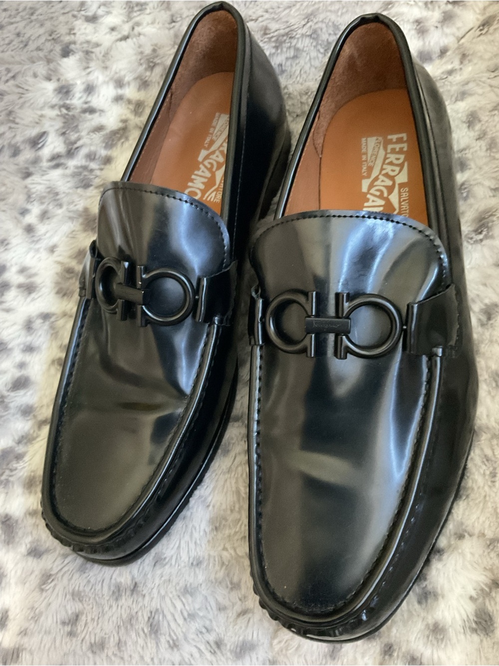 Salvatore Ferragamo Black Patent Leather Gancini Loafers
